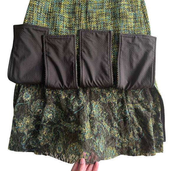 Yansi Fugel Tweed Wool Skirt Size 6 – Green Blue Lace Hem Flared Midi Retro - Picture 6 of 9